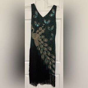 Babeyond Irregular Tassel Hem Peacock Dress / pine green / light gold / small